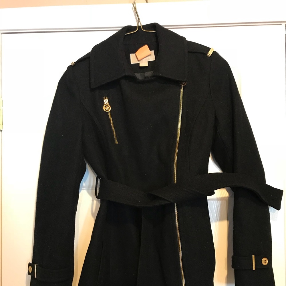 Michael Kors black wool coat with gold zipper